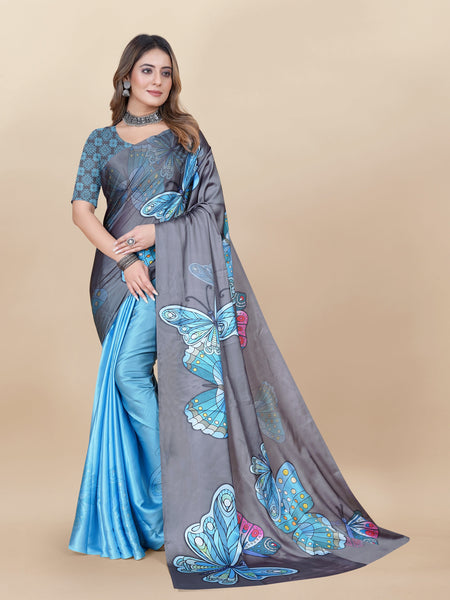 Vedant Vastram Digital Print Japan Satin Silk Party Wear Saree with Unstitched Blouse Piece - Turquoise
