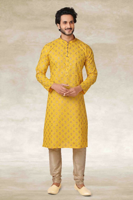 Raivat Ethnic Cotton Printed Work Kurta Pajama In Yellow Colour