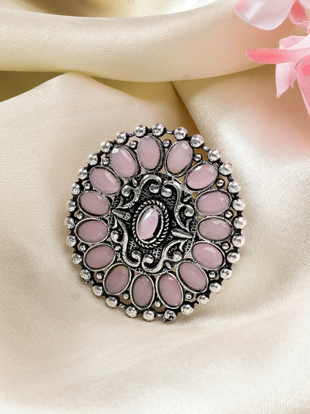 NVR Women's Pink Silver-Plated Circular Shape Adjustable Finger Ring