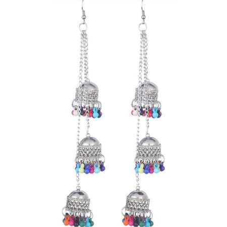 MS Fashion India Antique Triple Afghani Kashmiri Tribal Oxidized Long Chain Jhumka Earrings