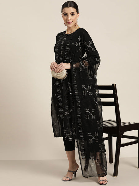 Juniper Black Silk Printed Straight Kurta Pant Dupatta Set