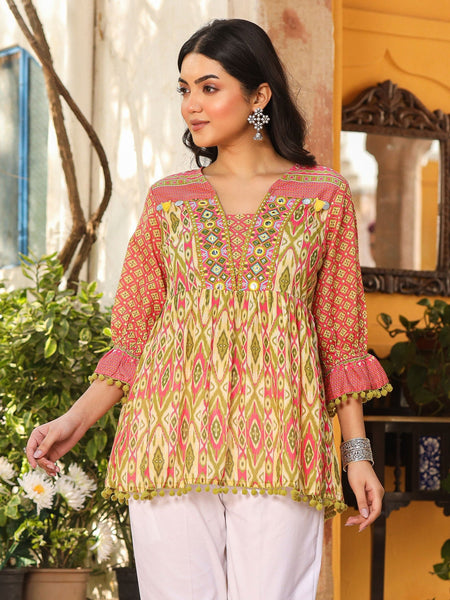 Juniper Women Ikat Printed & Embroidered Green Cotton Voile Peplum Tunic