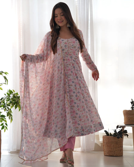 Teeya Creation Pink Color Digital Print Organza Chiffon Anarkali With Pants And Dupatta