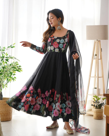 Teeya Creation Black Color Digital Print Soft organza Anarkali With Pants And Dupatta