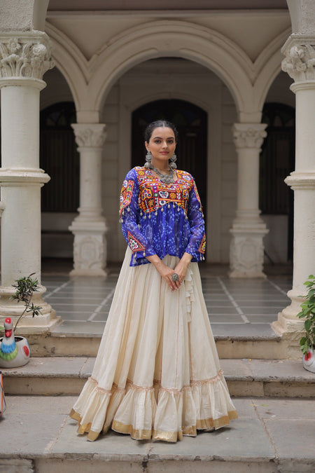 Prazu Fashion Blue Georgette Bandhani Print With Kutchi Gamthi Navratri Lehenga