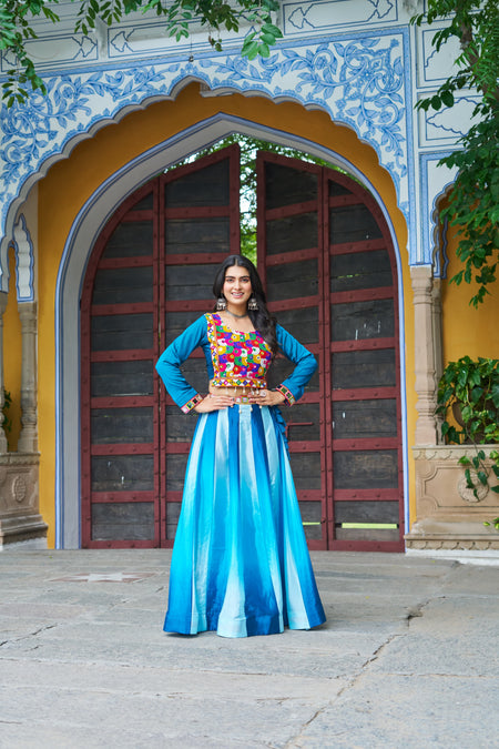 Prazu Fashion Multicolor Chinnon Pedding Kutchi Gamthi Embroidered Work Navratri Lehenga