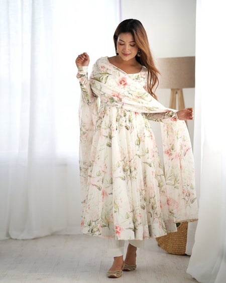 Lehenga Mart Wedding Wear Anarkali Suit With Dupatta - Off White
