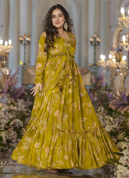 Vegaa Fashion Smith Green Chinon Silk Digital Print Palazzo With Shrug Indo Western Suit