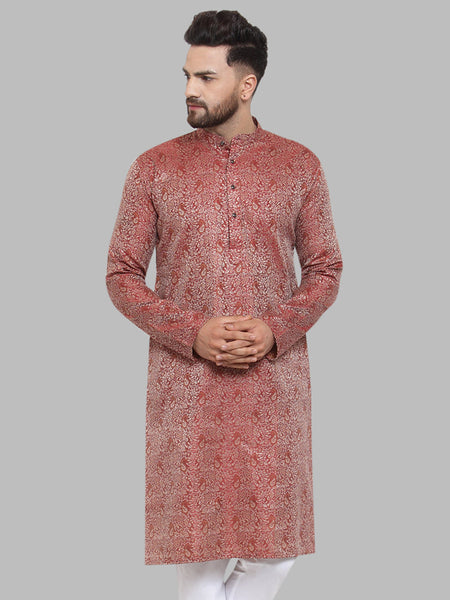 Jompers Men Maroon & White Woven Design Kurta Only