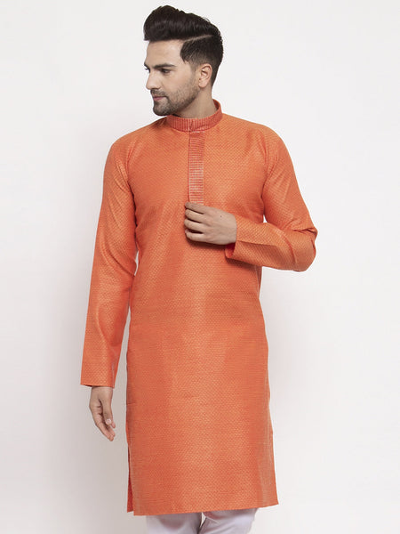 Jompers Men Orange Embroidered Kurta Only