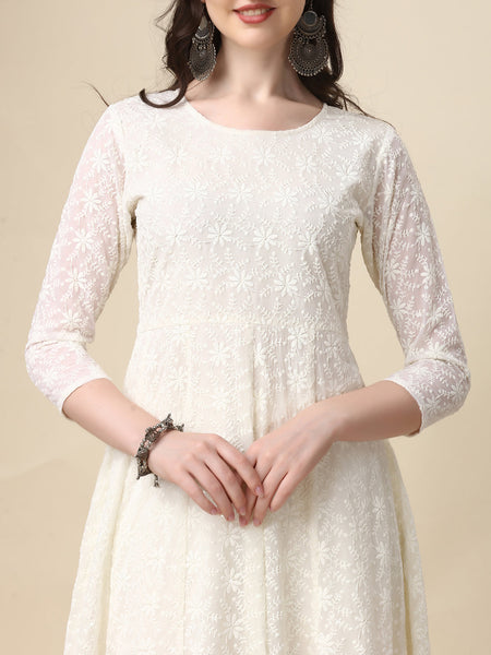 Schiffly Embroidered Flared Kurta With Pant & Dupatta, White - Hiral Fashion
