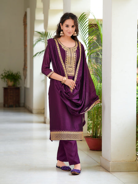 Embroidered Kurta With Pant & Printed Dupatta, Wine - Hiral Fashion