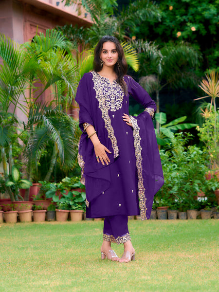Embroidered Kurta With Pant & Embroidered Dupatta, Purple - Hiral Fashion