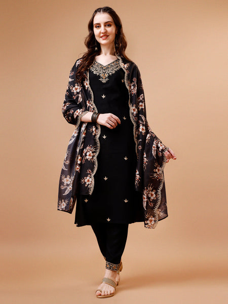 Embroidered Kurta With Pant & Floral Printed Cut Embroidered Work Dupatta Premium, Multicolor - Hiral Fashion