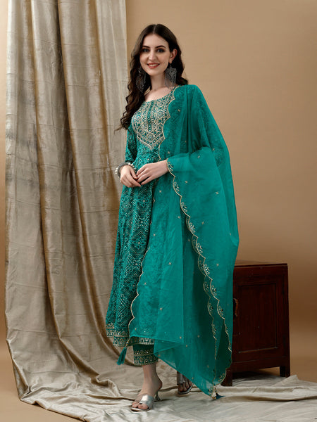 Embroidered & Bandhani Printed Flared Kurta With Pant & Printed Dupatta, Green - Hiral Fashion