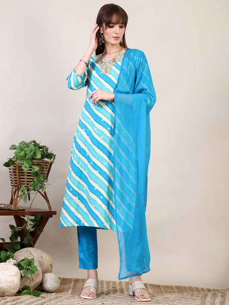 Leheriya Printed & Applique Embroidered Kurta With Pant & Dupatta, Blue - Hiral Fashion