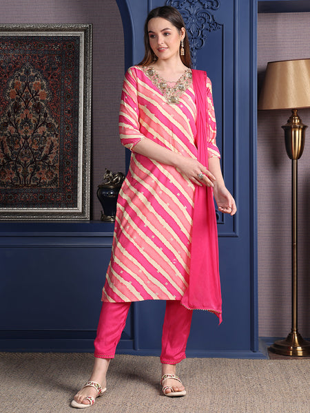 Leheriya Printed & Applique Embroidered Kurta With Pant & Dupatta, Pink - Hiral Fashion