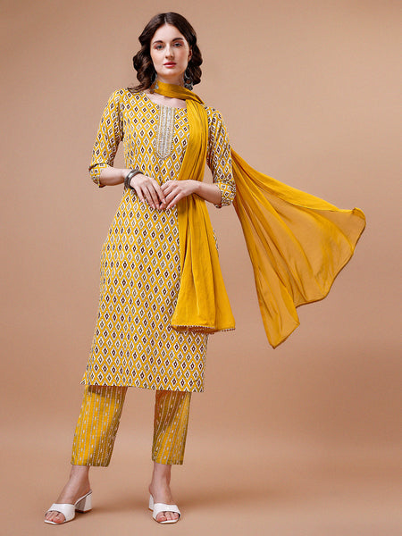 Ethnic Motifs Printed Cotton Kurta With Pant & Dupatta, Multicolor - Hiral Fashion