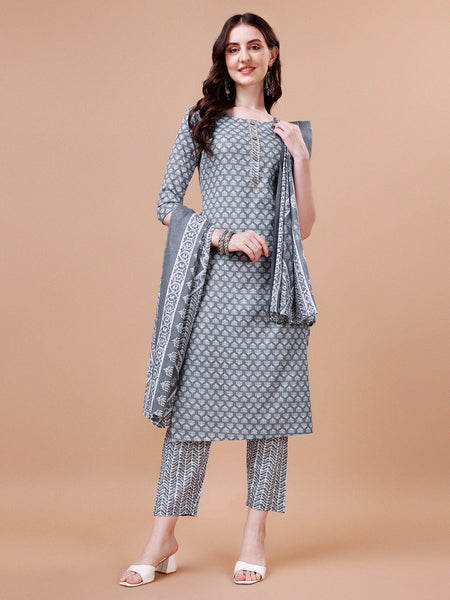 Ethnic Motifs Printed Casual Wear Cotton Kurta With Pant & Dupatta, Multicolor - Hiral Fashion
