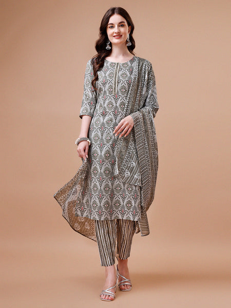 Printed Cotton Kurta With Pant & Dupatta, Multicolor - Hiral Fashion