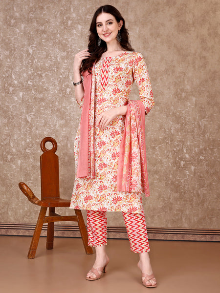 Floral Printed Kurta With Printed Pant & Dupatta, Multicolor - Hiral Fashion