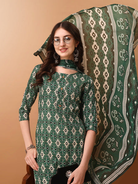 Ethnic Motifs Printed Kurta With Pant & Dupatta, Green - Hiral Fashion