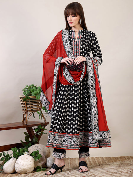 Khari Printed Anarkali Flared Kurta With Pant & Dupatta, Black - Hiral Fashion
