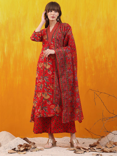 Floral Printed A-Line Flared Kurta With Palazzo & Dupatta, Red - Hiral Fashion