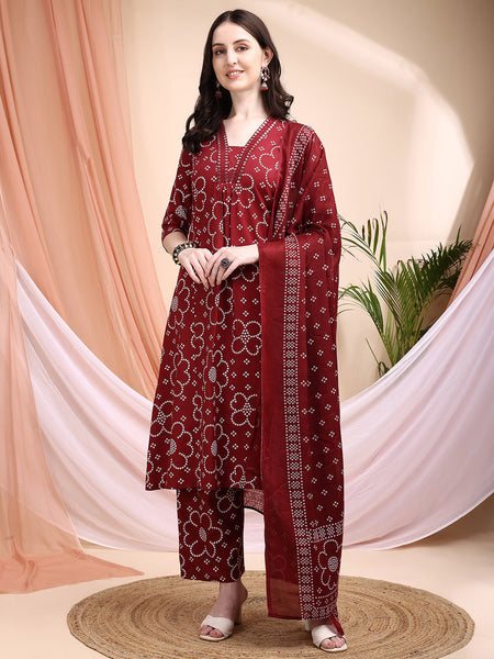 Embroidered & Bandhni A-Line Printed Kurta With Pant & Coordinated Dupatta, Maroon - Hiral Fashion