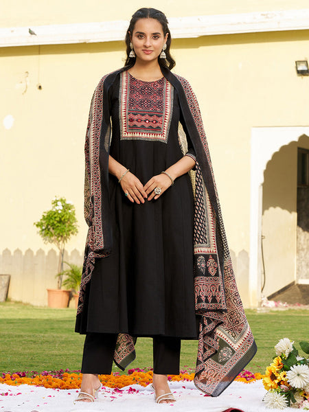 Embroidered & Ethnic Printed Anarkali Kurta With Pant & Printed Dupatta, Black - Hiral Fashion