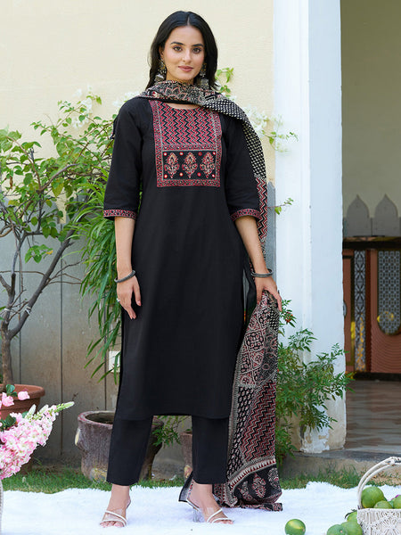 Embroidered & Ethnic Printed Kurta With Pant & Printed Dupatta, Black - Hiral Fashion