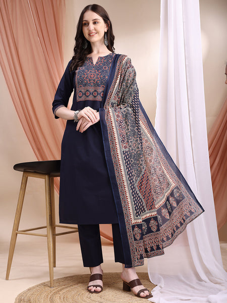 Embroidered & Ethnic Printed Kurta With Pant & Printed Dupatta, Navy Blue - Hiral Fashion