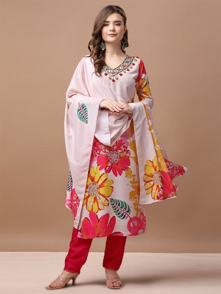 Hand Embroidered Floral Printed Muslin Kurta Pant & Dupatta, Multicolor - Hiral Fashion