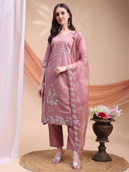 Embroidered Kurta With Pant & Organza Embroidered Dupatta, Pink - Hiral Fashion