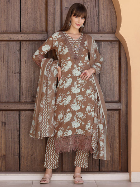Flower Embellished And Printed Kurta With Pant & Dupatta, Brown - Hiral Fashion
