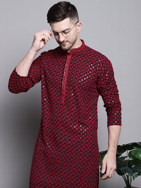 Jompers Men's Sequin Embroidered Pure Cotton Kurta - Red