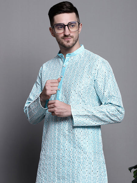 Jompers Men's Sequin Embroidered Silk Blend Kurta - Sky Blue