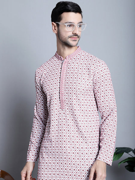 Jompers Men's Chikankari Embroidered Kurta Only - Pink