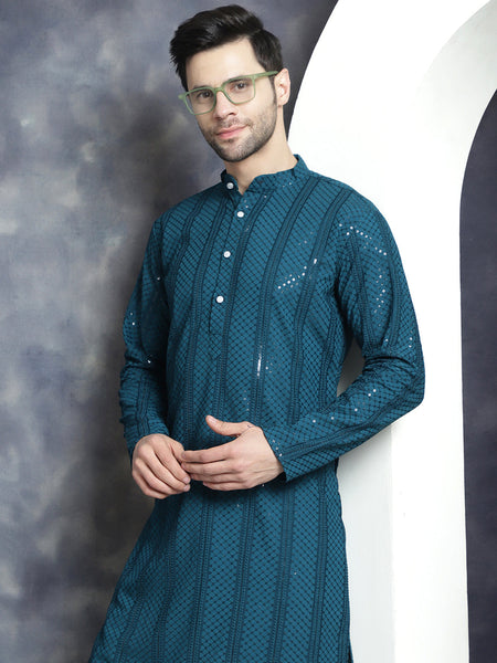 Jompers Men's Sequins Chikankari Embroidered Kurta - Peacock