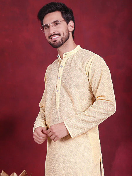 Jompers Men's Chikankari Embroidered Kurta - Yellow