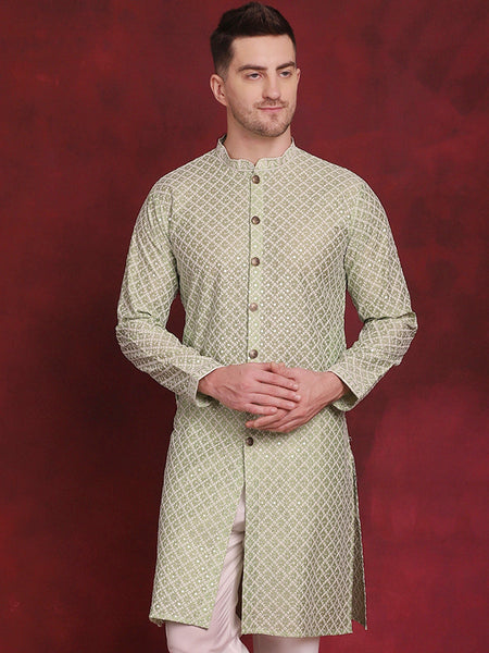 Jompers Men's Sequin Chikankari Front Open Kurta - Pista