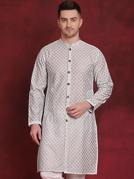 Jompers Men's Sequin Chikankari Front Open Kurta - Sky Blue
