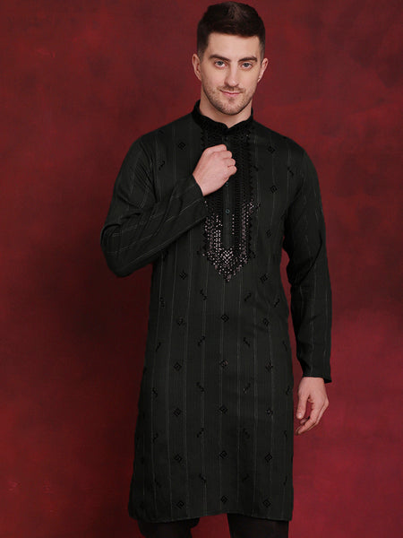 Jompers Men's Sequins Embroidered Kurta - Olive