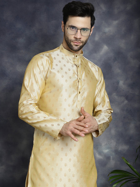 Jompers Men's Woven Design Silk Blend Kurta - Golden