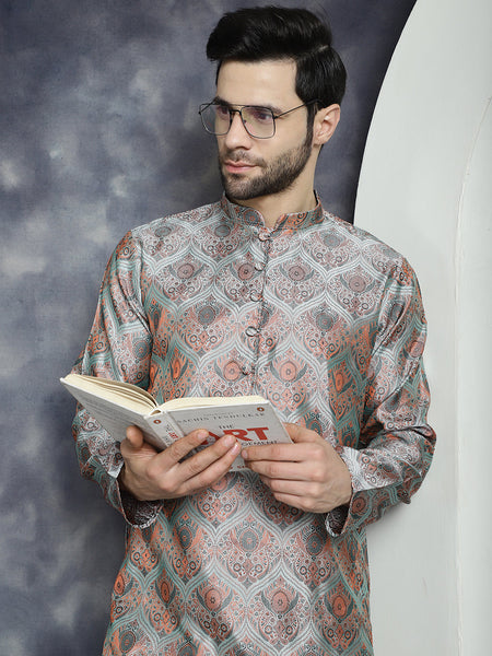 Jompers Men's Silver Silk Blend Straight Kurta - Silver