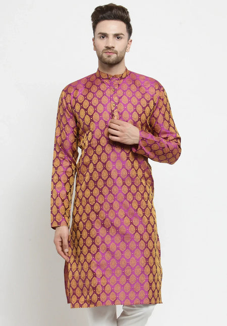 Jompers Men's Pink-Colored & Golden Self Design Kurta Only
