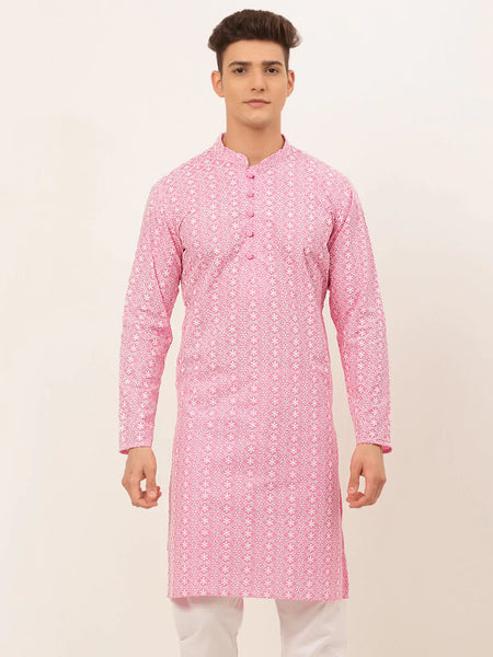 Jompers Men's Pink & White Embroidered Straight Kurta
