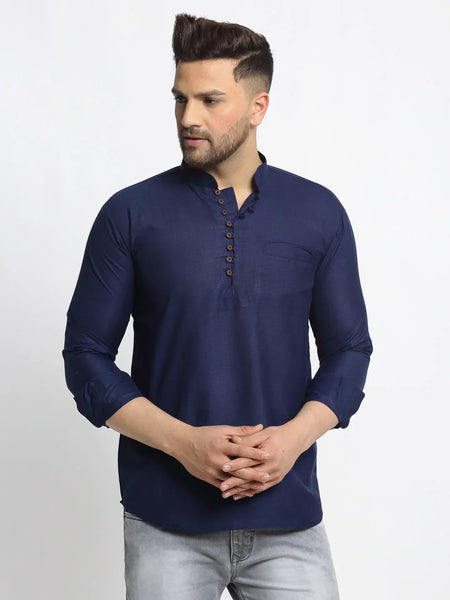 Jompers Men's Navy Blue Solid Cotton Short Kurta