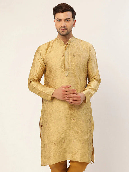 Jompers Men's Beige Coller Embroidered Woven Design Kurta Only