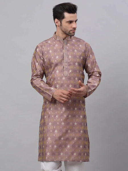 Jompers Men's Pink Collar Embroidered Woven Design Kurta Pajama
